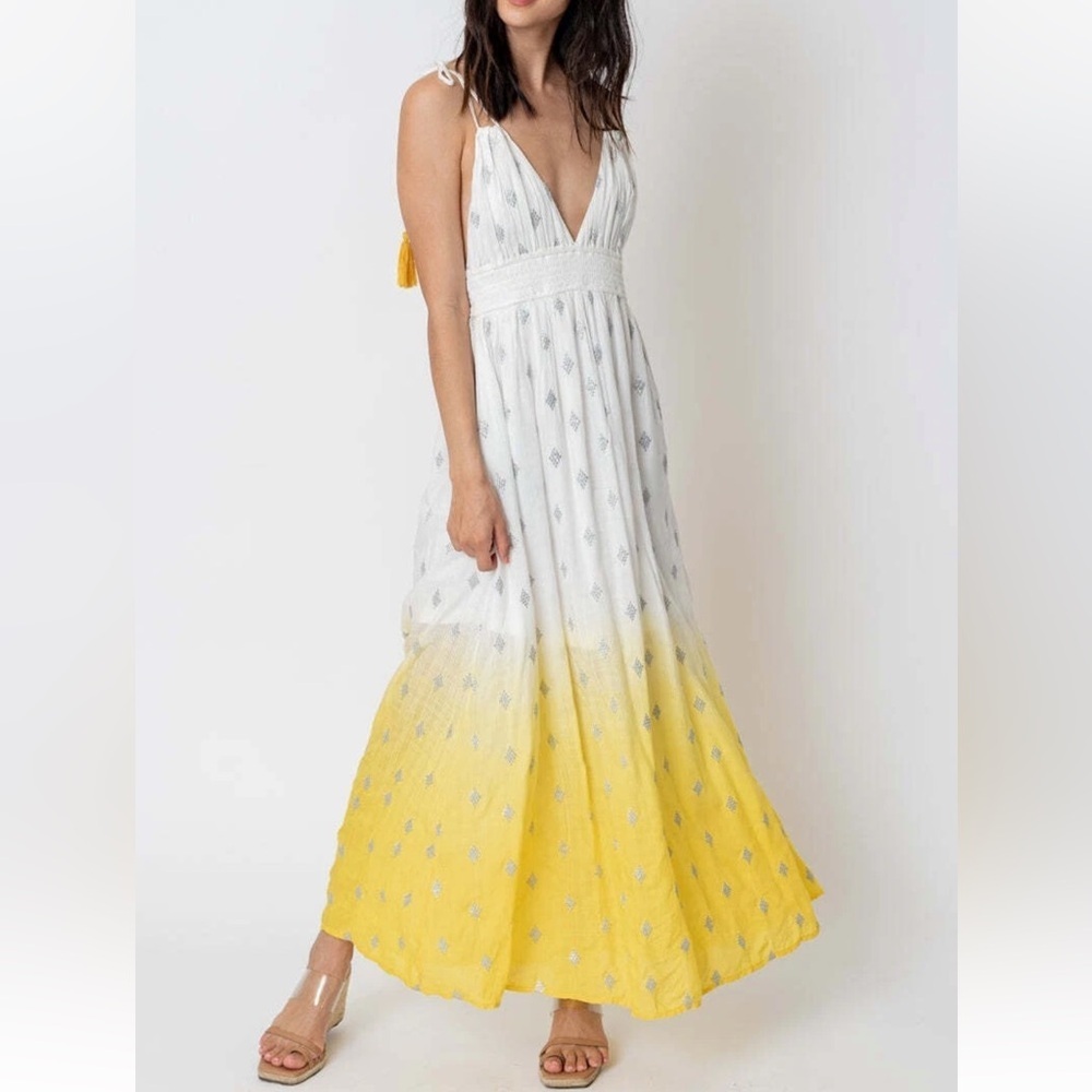 En Creme Womens Deep V-Neck Light Yellow Maxi Dress Sz S Wedding Party Beach EUC